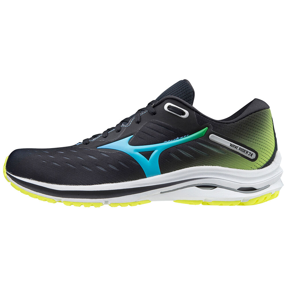 Panske Bezecke Topanky Mizuno Wave Rider 24 Čierne/Modre Tyrkysové/Žlté Vypredaj HWJX09826